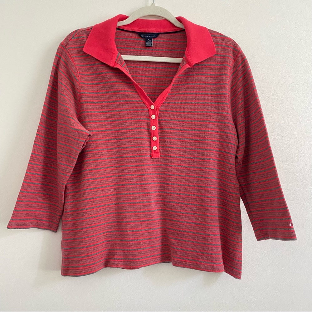 4/$25 VTG Tommy Hilfiger Collared 3/4 Sleeve Striped Polo in Pink and Grey - XL
